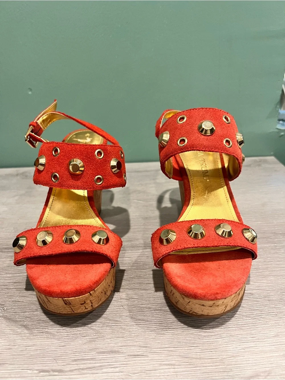 Ivanka Trump Coral Suede Cork Wedge Sandals with Gold Studs Size 5